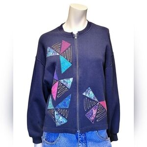 Jerzees Granny Quilted Puff Paint Zip Sweatshirt Cardigan Large Granniecore